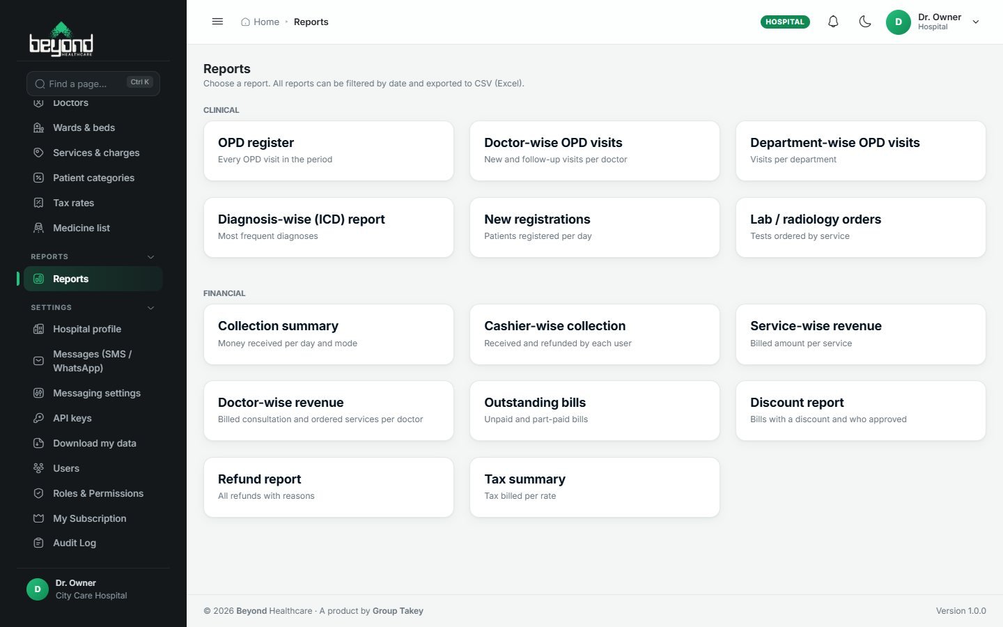 Reports screen